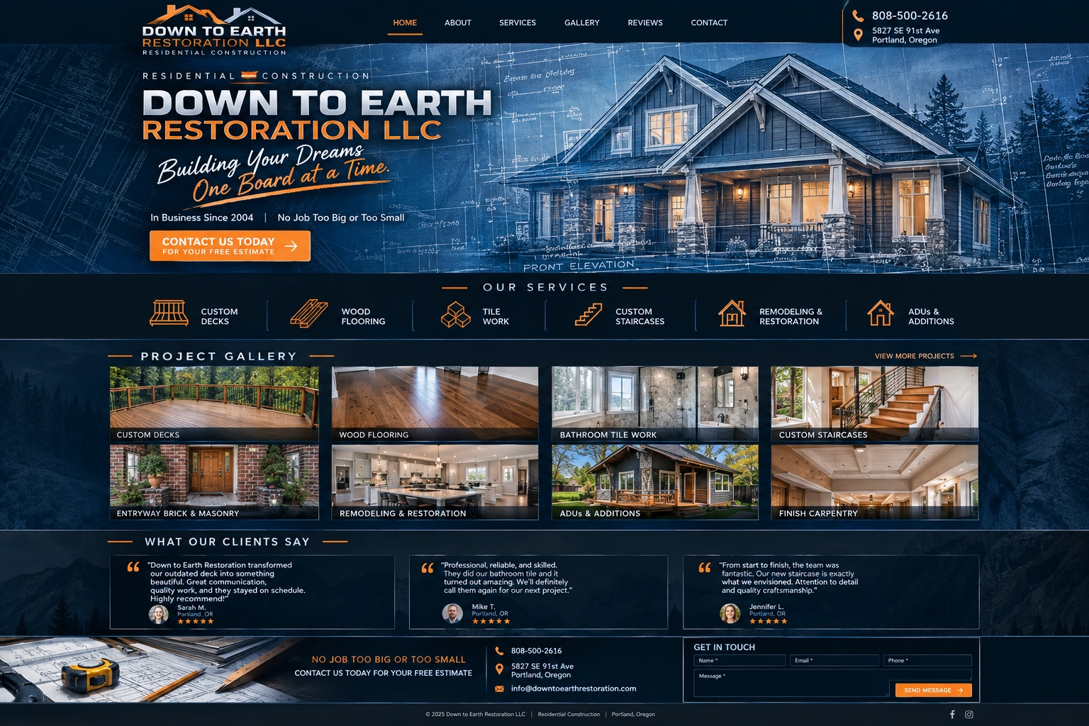 Down to Earth Restoration LLC residential construction website
